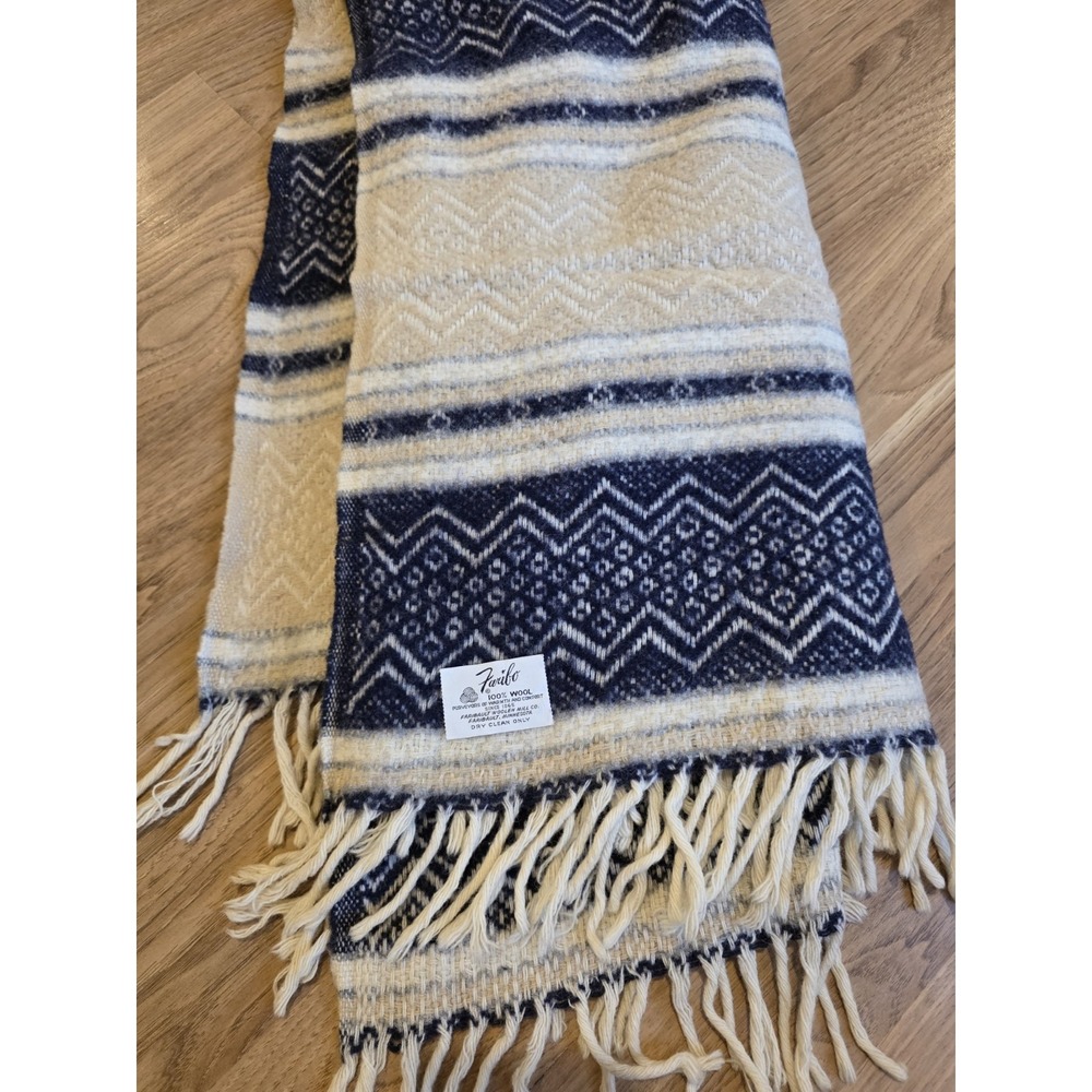 FARIBO THROW LAP BLANKET 100%‎ WOOL BOHO 44"X48" Neutrals Tan Navy VTG